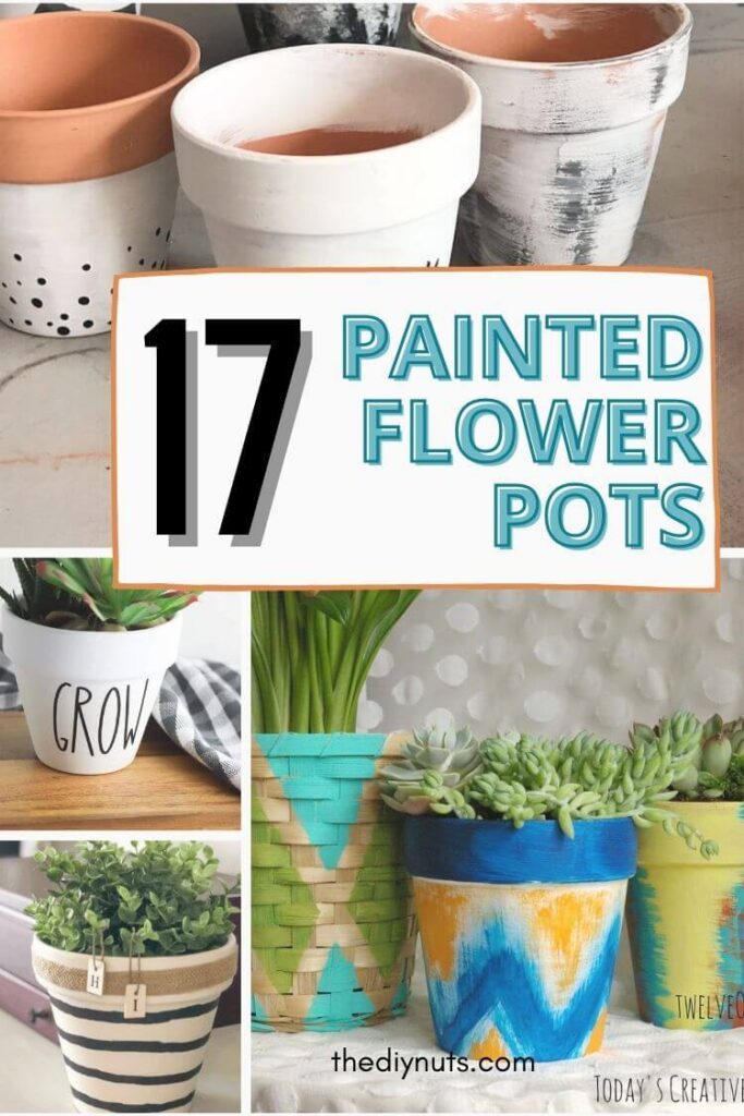 17 painted flower pots with painted terracotta pots