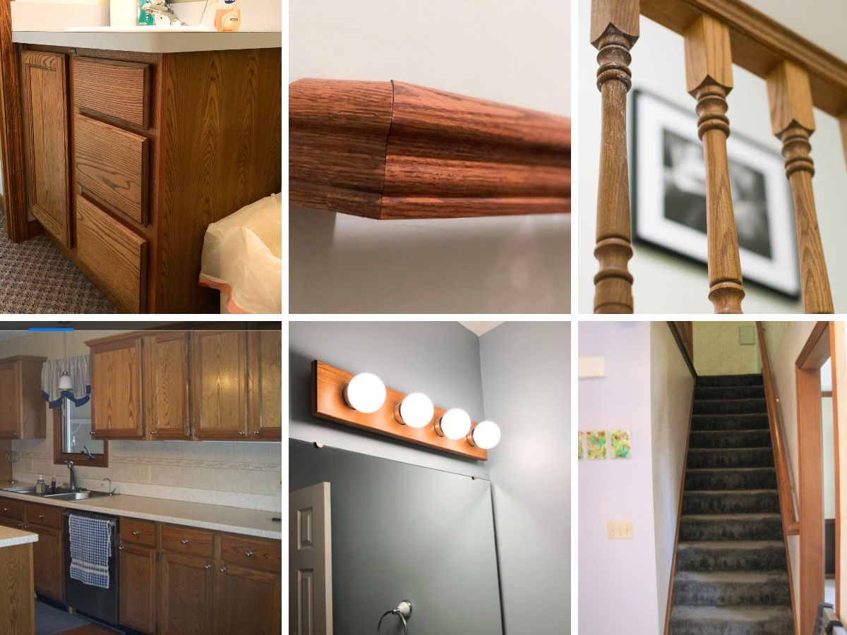 collage of orange oak cabinet, lighting, railings and trim.