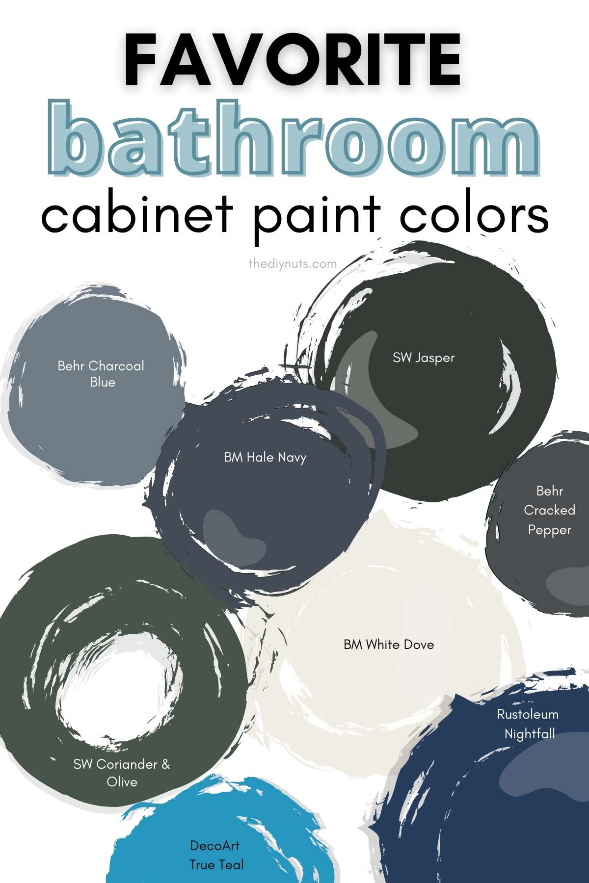 favorite bathroom cabinet paint colors with blue, grays and cream paint swatches.