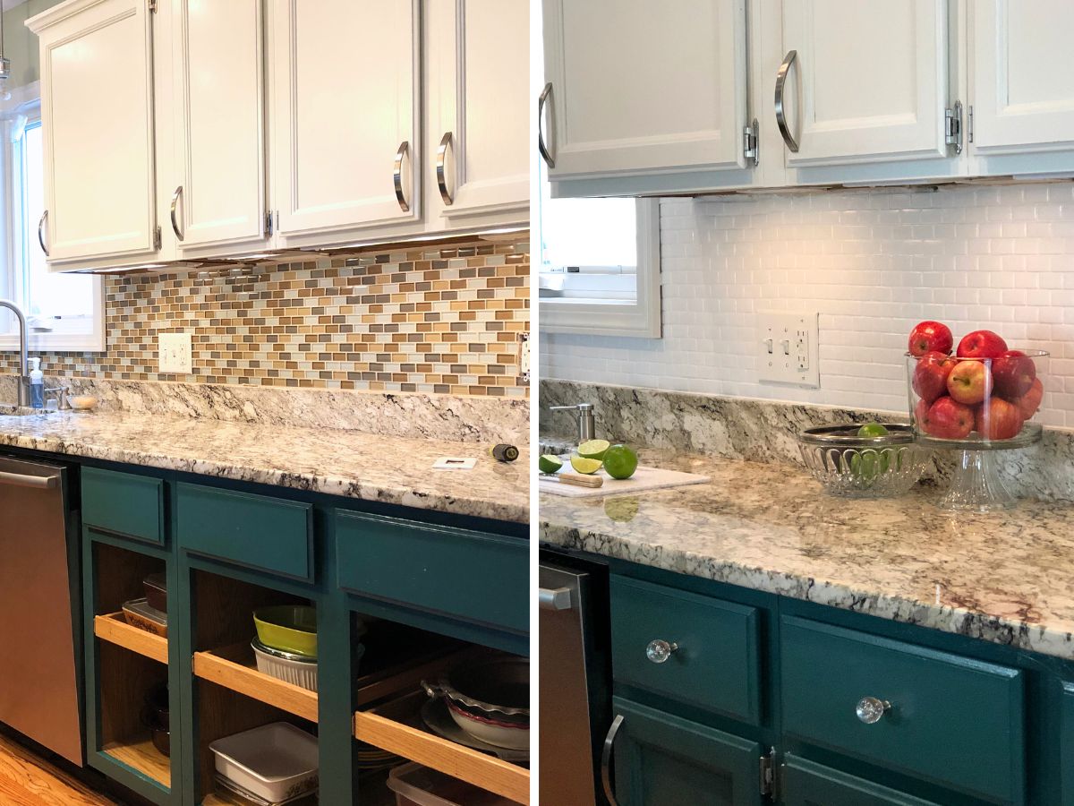 before and after of kitchen with painted backsplash tile.