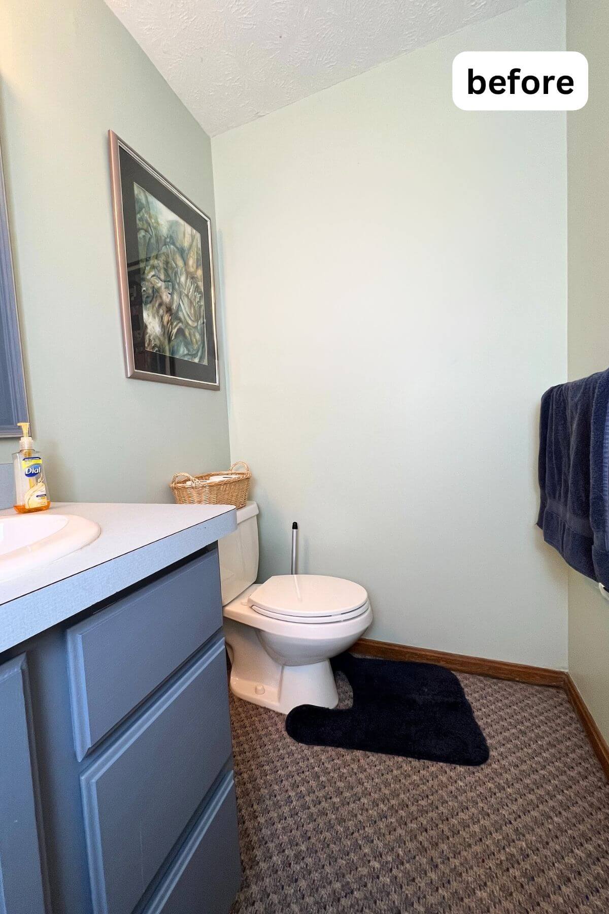 small half powder room with blue painted cabinets, carpet on the floor and green walls with text "Before".