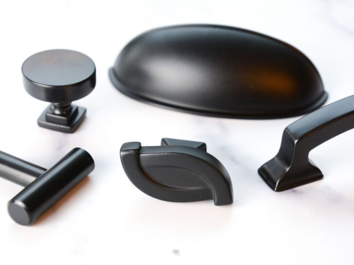 5 different matte black hardware knobs and pulls for cabinets.