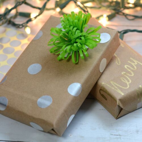 two presents wrapped with DIY brown paper bag wrapping paper.