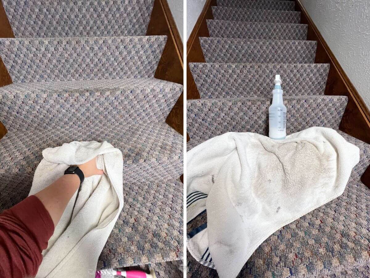 patterned carpeted stairs being cleaned and image of towel after.