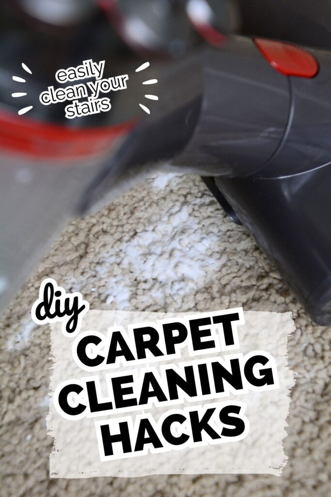 vacuum attachment picking up baking soda on carpet with text overlay diy carpet cleaning hacks.