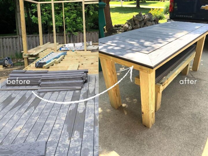 gray composite decking pile on top of deck being built with arrow pointing to gray composite decking outdoor table.
