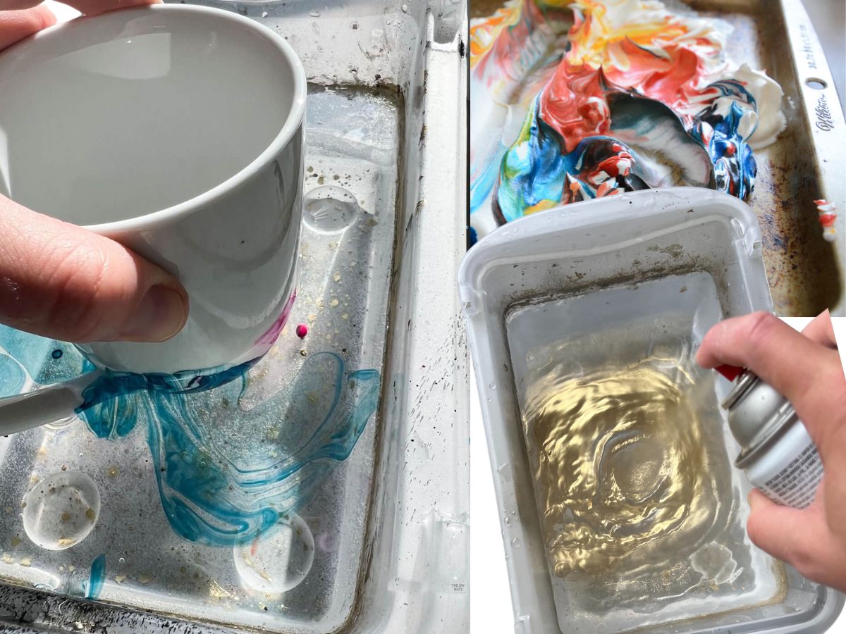 hand dipping mug in paint water, hand spraying gold spray paint and shaving cream with paint.