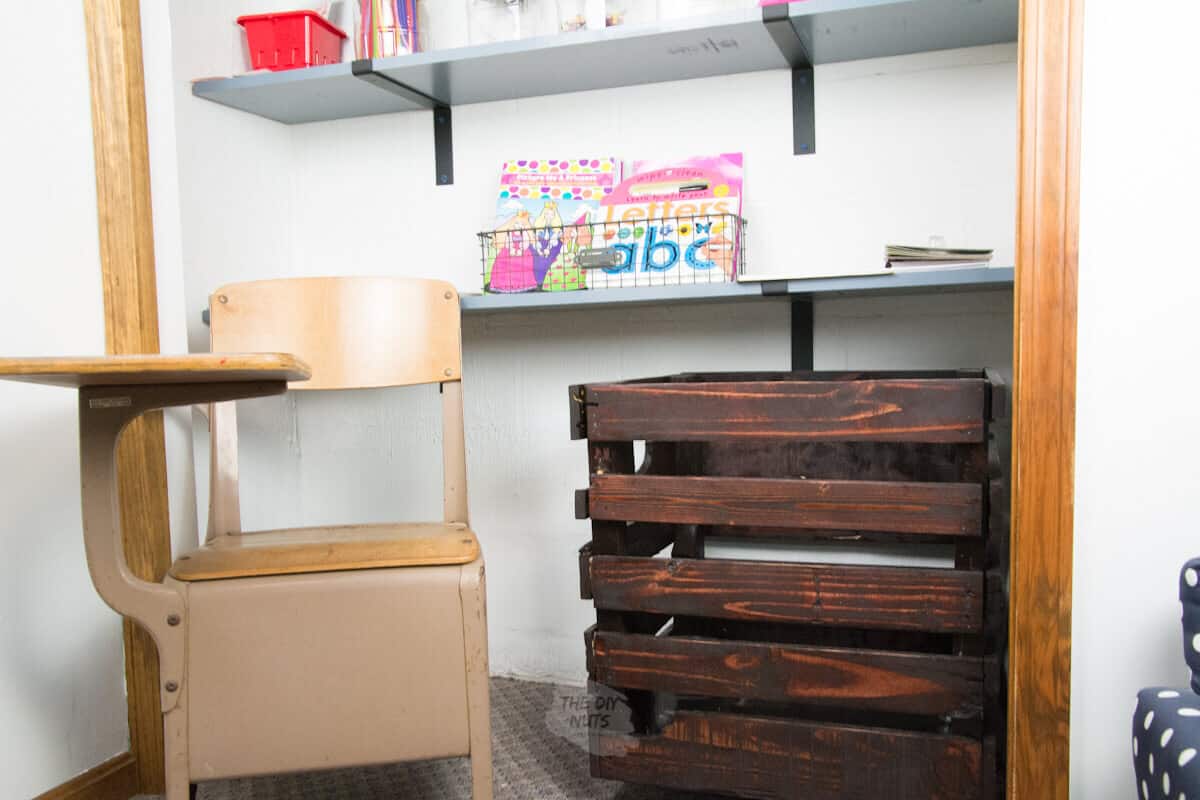 DIY Stained wooded pallet crate in craft closet with small desk