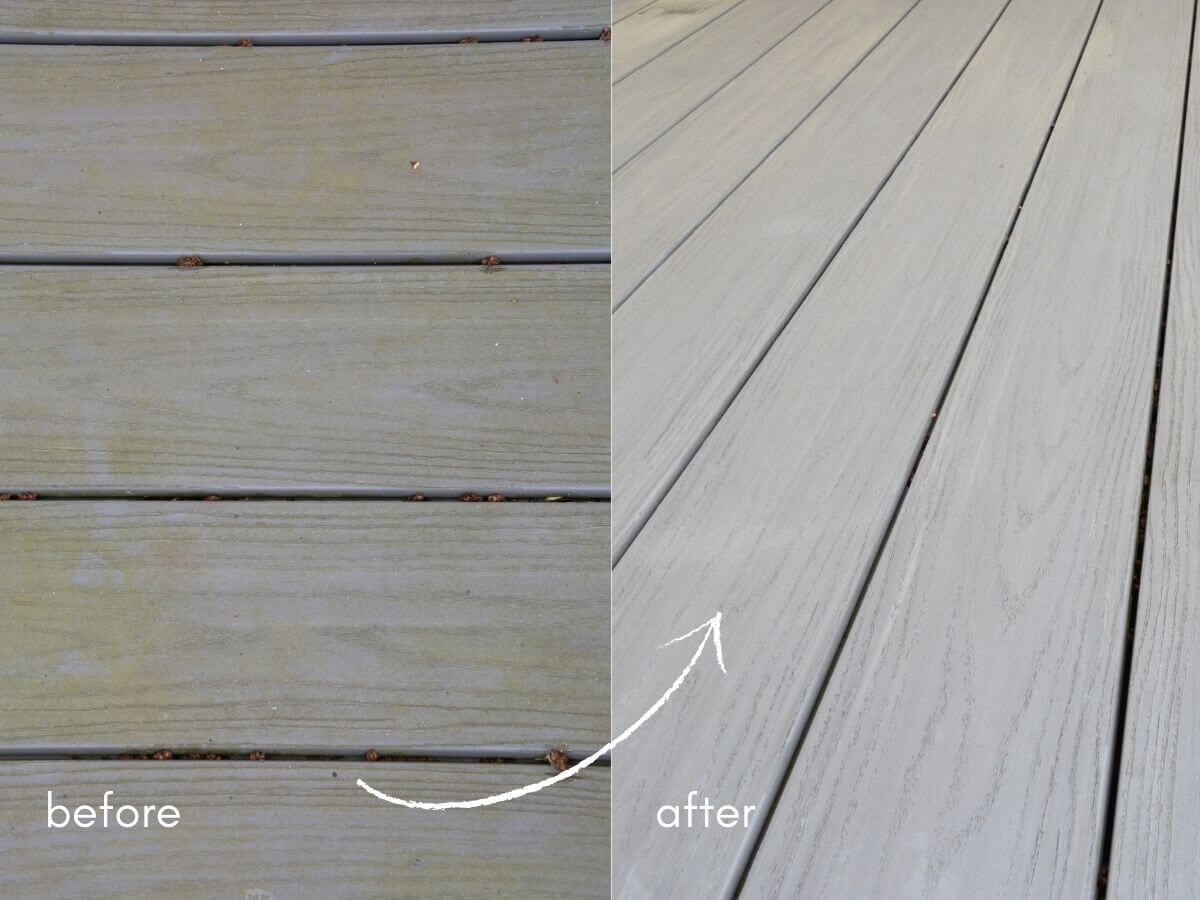 before gray mildew covered deck with arrow pointed to clean after gray composite deck.