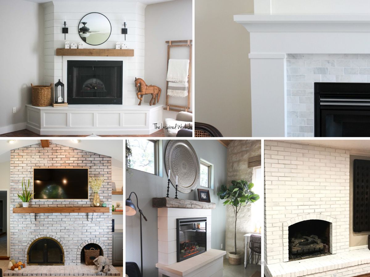 collage of 5 different fireplace remodels.