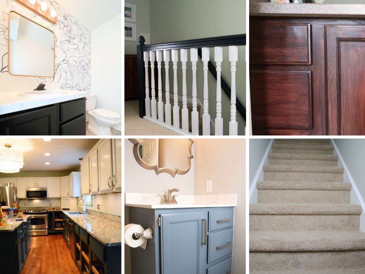 collage of images of home DIY projects on honey oak cabinets, railings and molding.