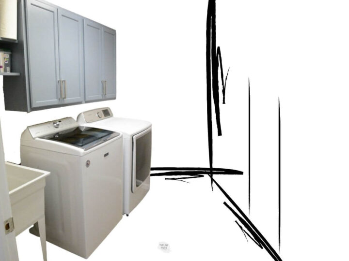 partial image of small laundry room with washer and dryer and sketch lines.