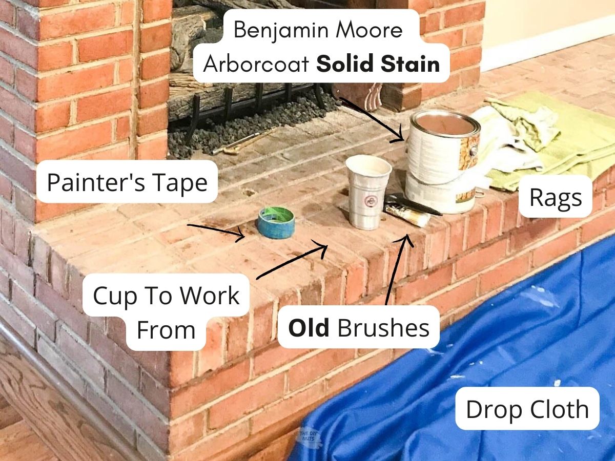 fireplace supplies to paint brick white with labels.