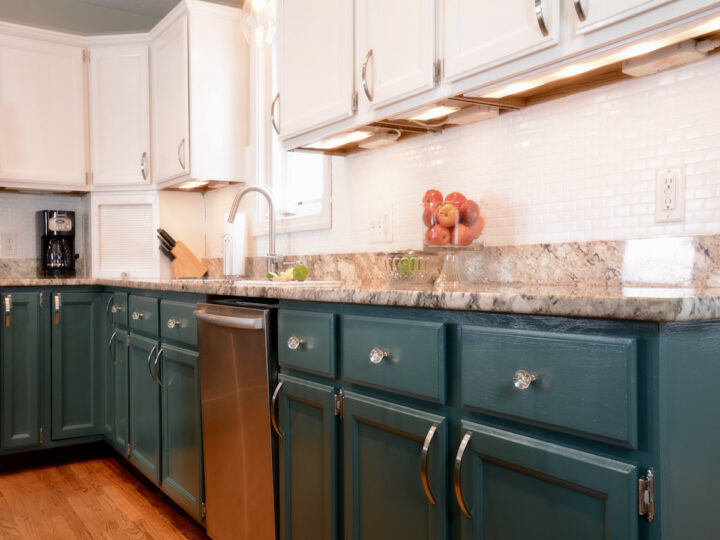 DIY green painted cabinets with upper white painted cabinets