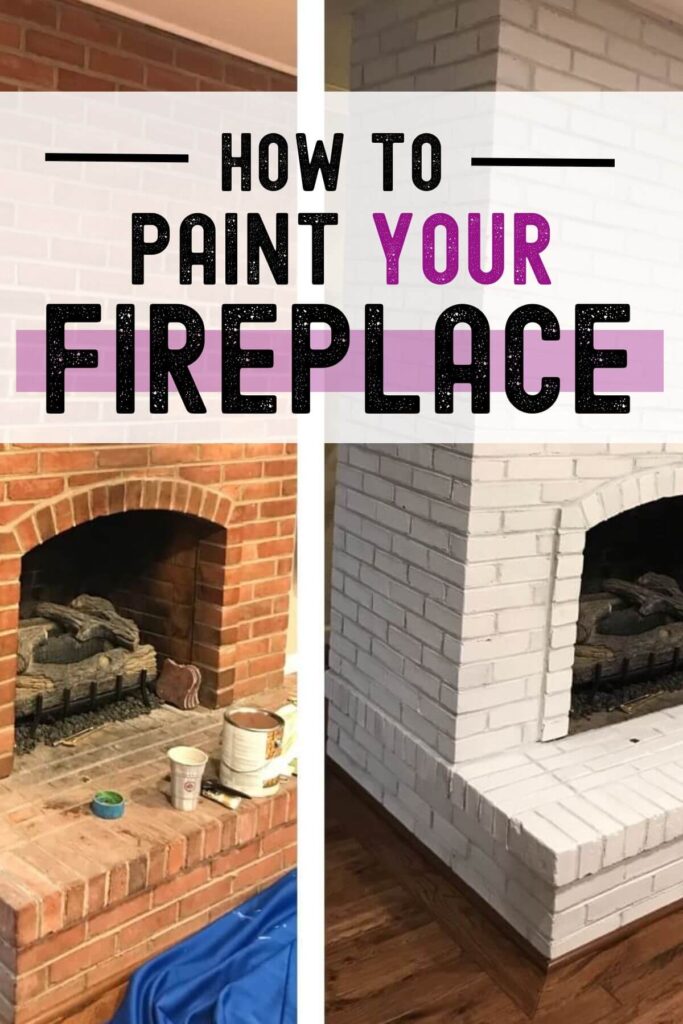 before and after brick fireplace painted white with text overlay how to paint your fireplace.
