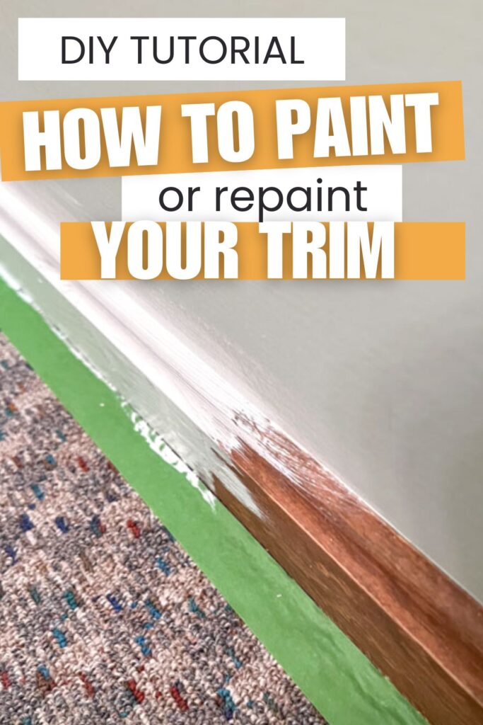 oak trim with half painted primer on it with text diy tutorail how to paint or repaint your trim.