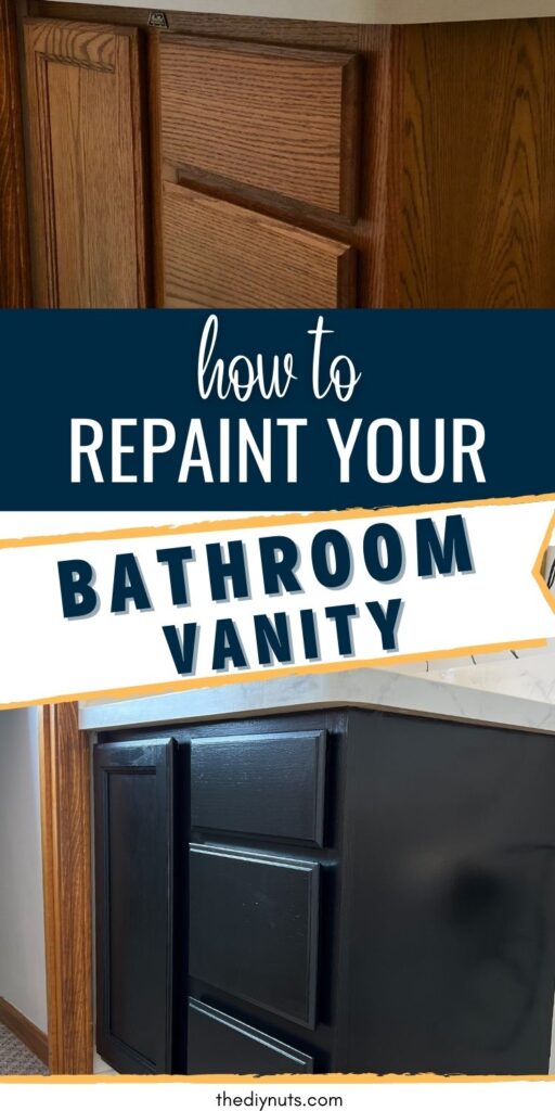 oak bathroom cabinets and picture of same vanity painted black with text overlay how to repaint your bathroom vanity.