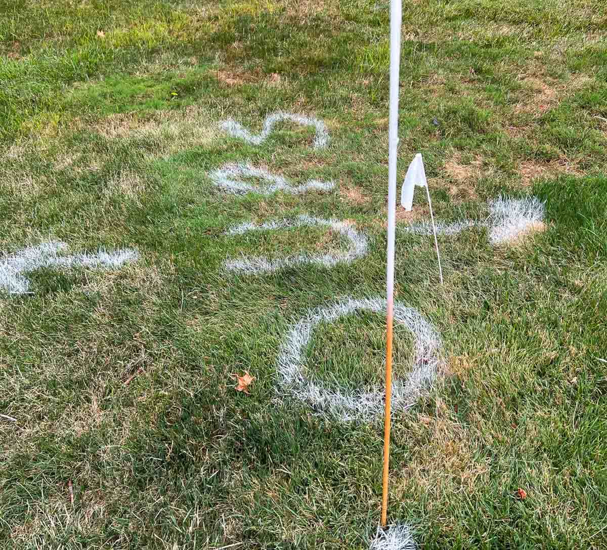 oups with white spray painted on grass with small orange pole in the grond.