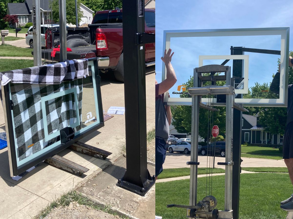 two images of using a lift to attach the basketball backboard to pole.
