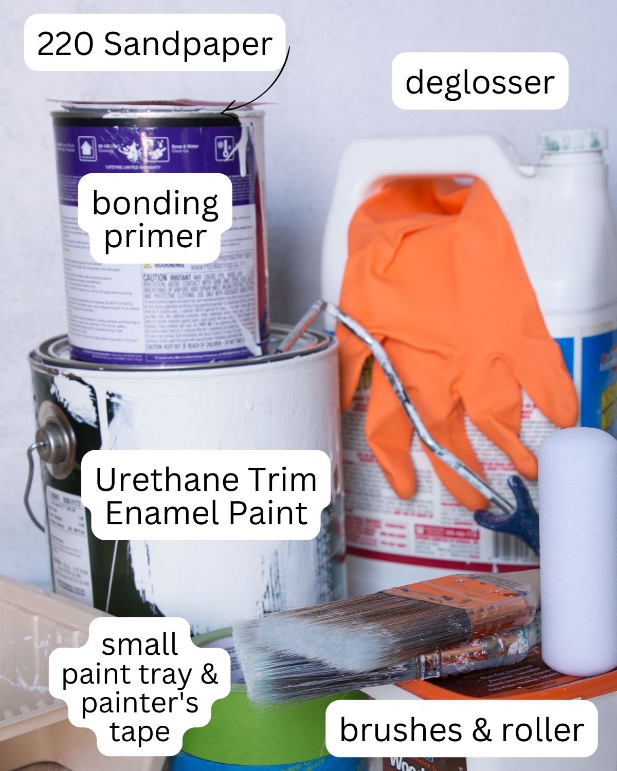 paint supplies used to paint tile with labels.