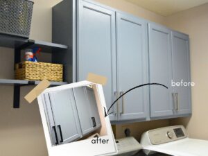 before and after painted cabinet hardware on blue cabinets.