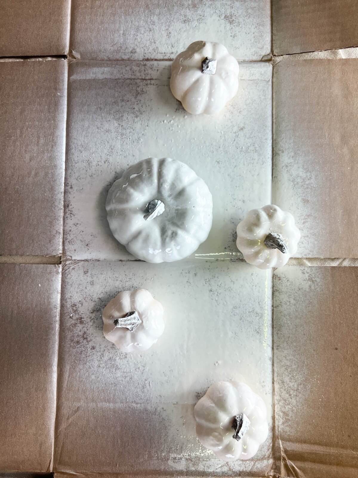 small fake pumpkins on cardboard painted white white spray paint.