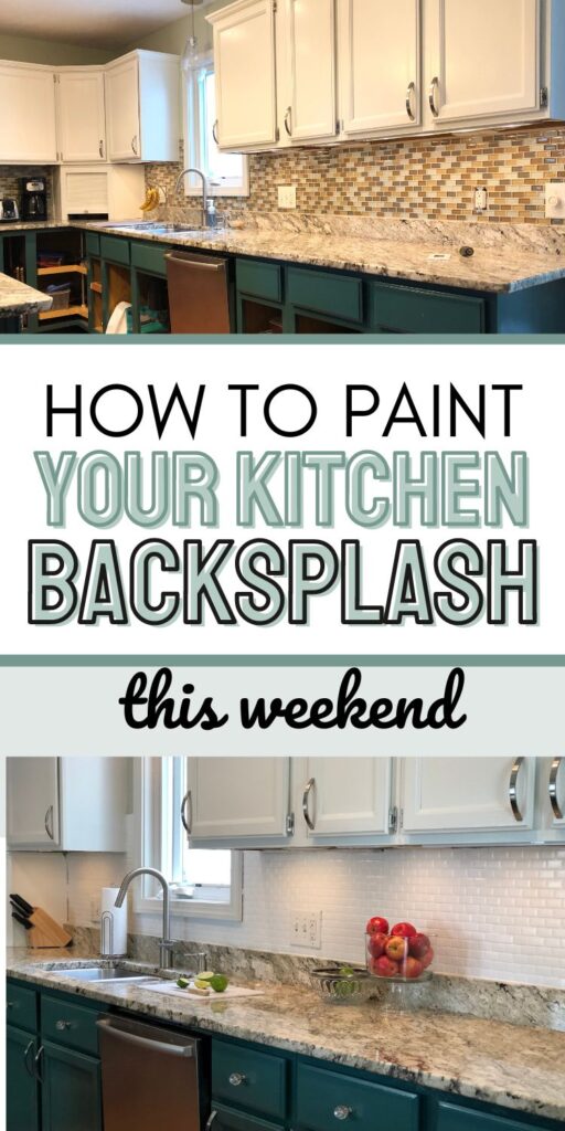two images of the same kitchen before tile backsplash was painted white with text how to paint your kitchen backsplash.