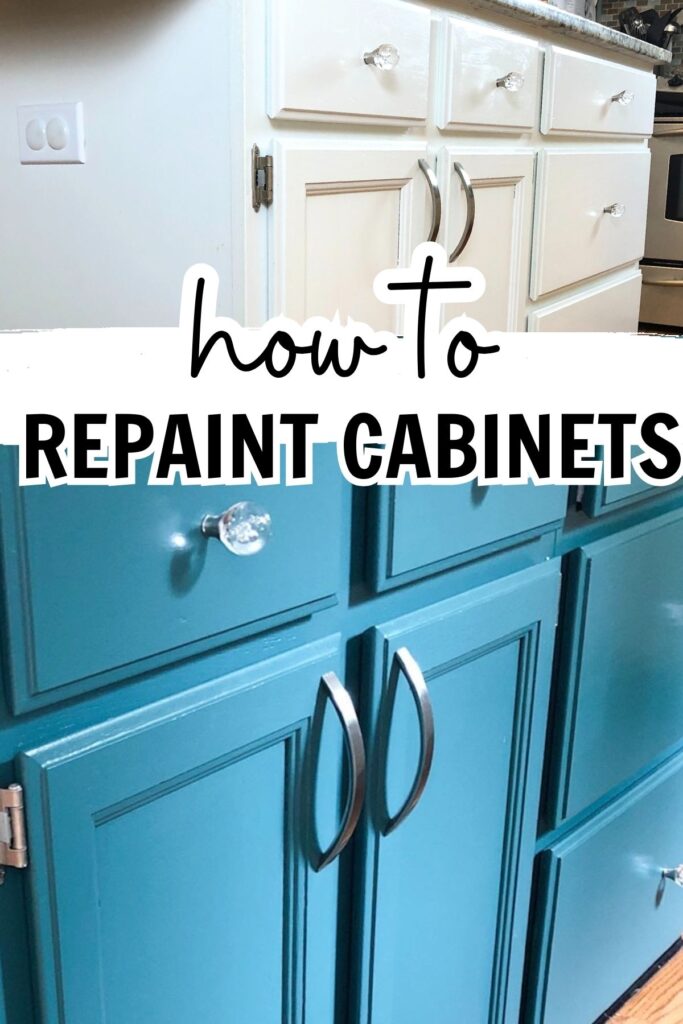 white painted kitchen cabinet island and green painted cabinets with text overlay how to repaint cabinets.
