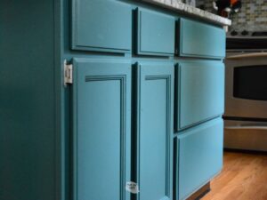 Repainted White Kitchen Cabinet Blue green.