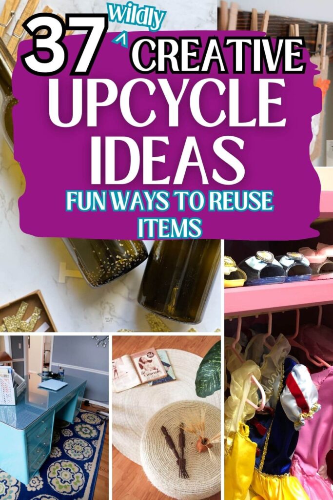 collage of repurpose & upcylced furniture ideas with text 37 creative upcycle ideas.