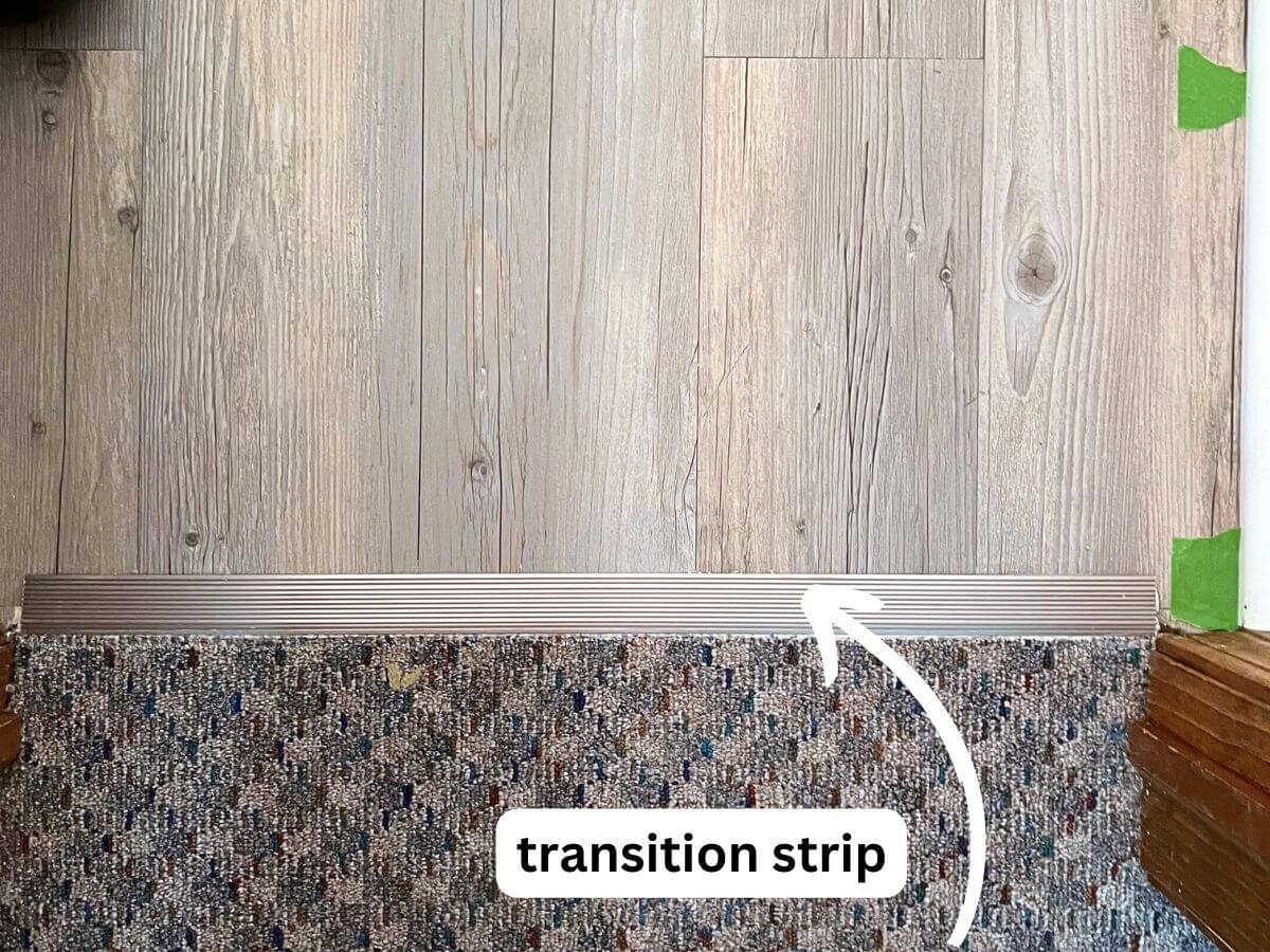 carpet transition strip on peel and stick flooring and carpet in door way.