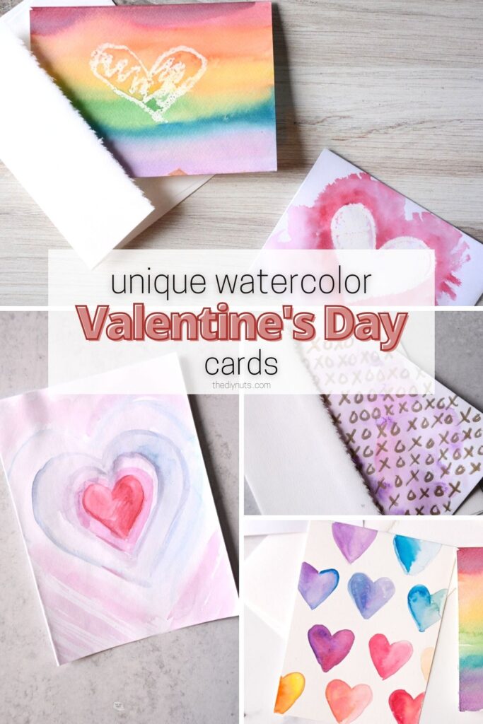 different watercolor painted heart cards with text unique watercolor Valentine's Day cards.
