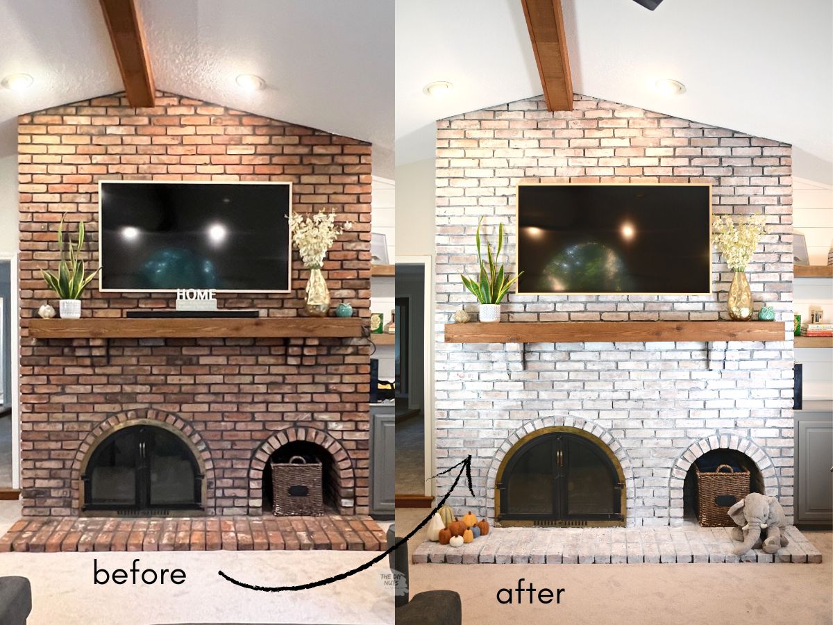 before and after brick fireplace was whitewashed with paint.