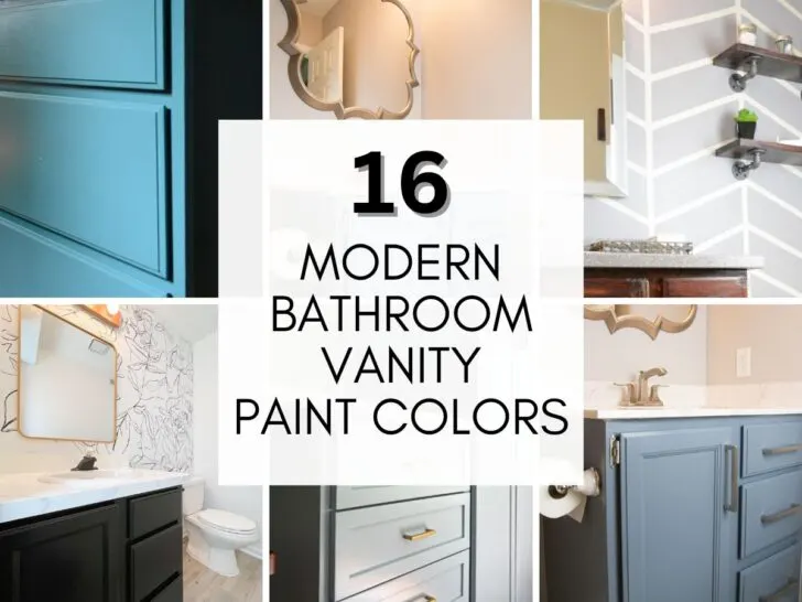 collage of painted bathroom vanity cabinets with text overlay 16 modern bathroom vanity paint colors.