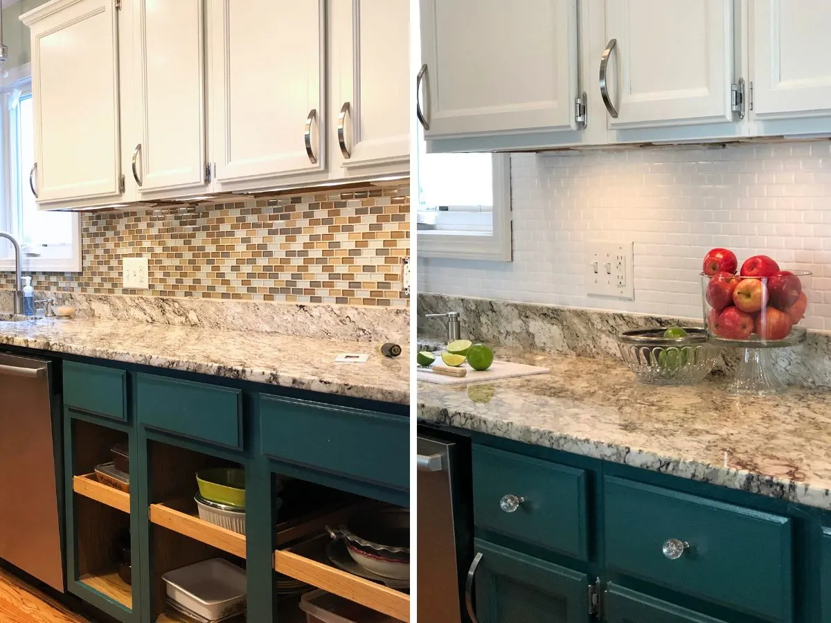 before and after of kitchen with painted backsplash tile.