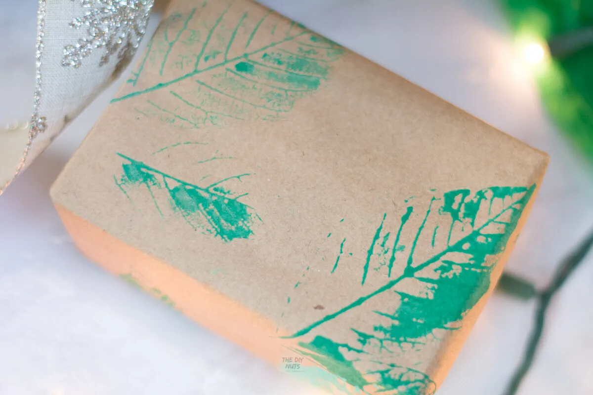 green leaf print DIY wrapping paper out of old brown paper bag