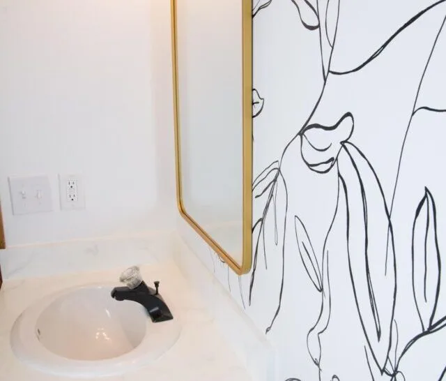 gold mirror, black paint cabinets, faucet with black line accent wall.