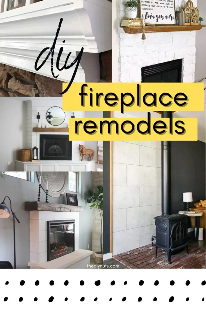 diy fireplace remodel with 5 different images of fireplaces.