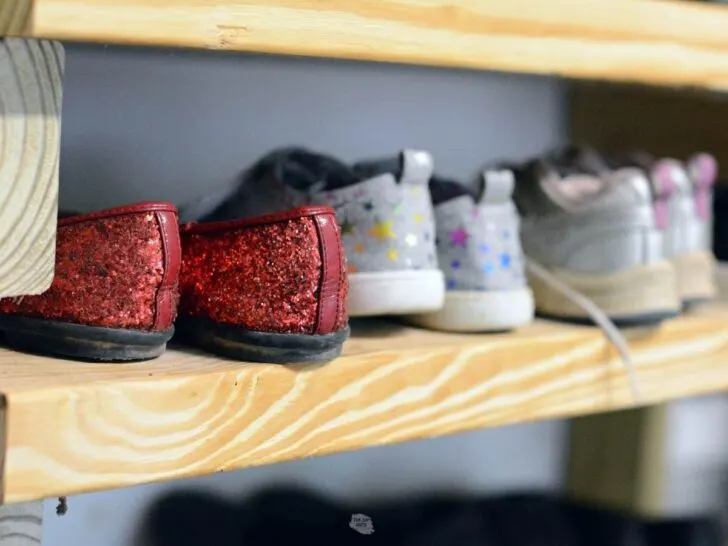 red sparkly shoes on wooden garage shoe rack.