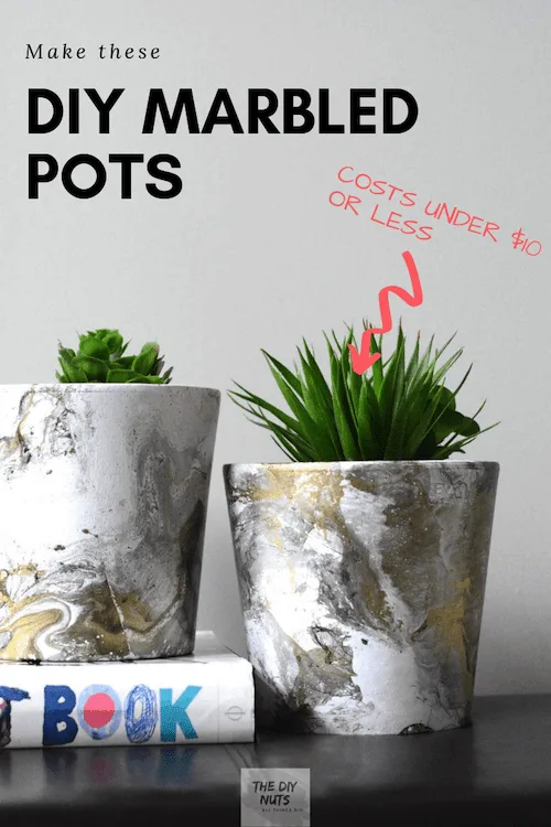 Make these DIY Marbled Pots for under $10 with image of two faux marbled pots and green plants