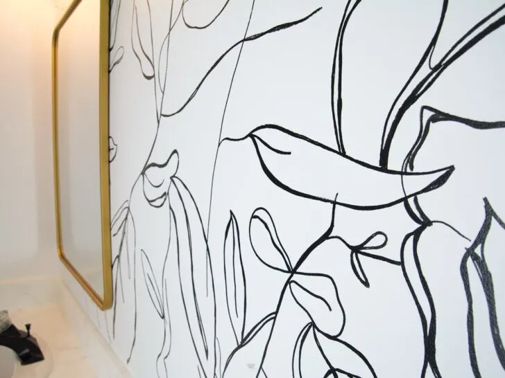 black and white paint marker mural with gold bathroom mirror on wall.
