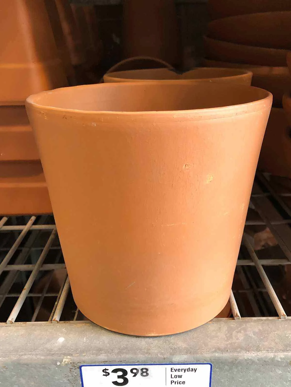 modern terracotta flower sitting on store shelf with price tag of 3.98.