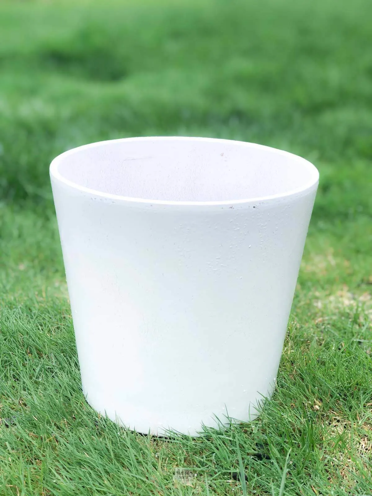 White spray painted terracotta pot sitting in grass.