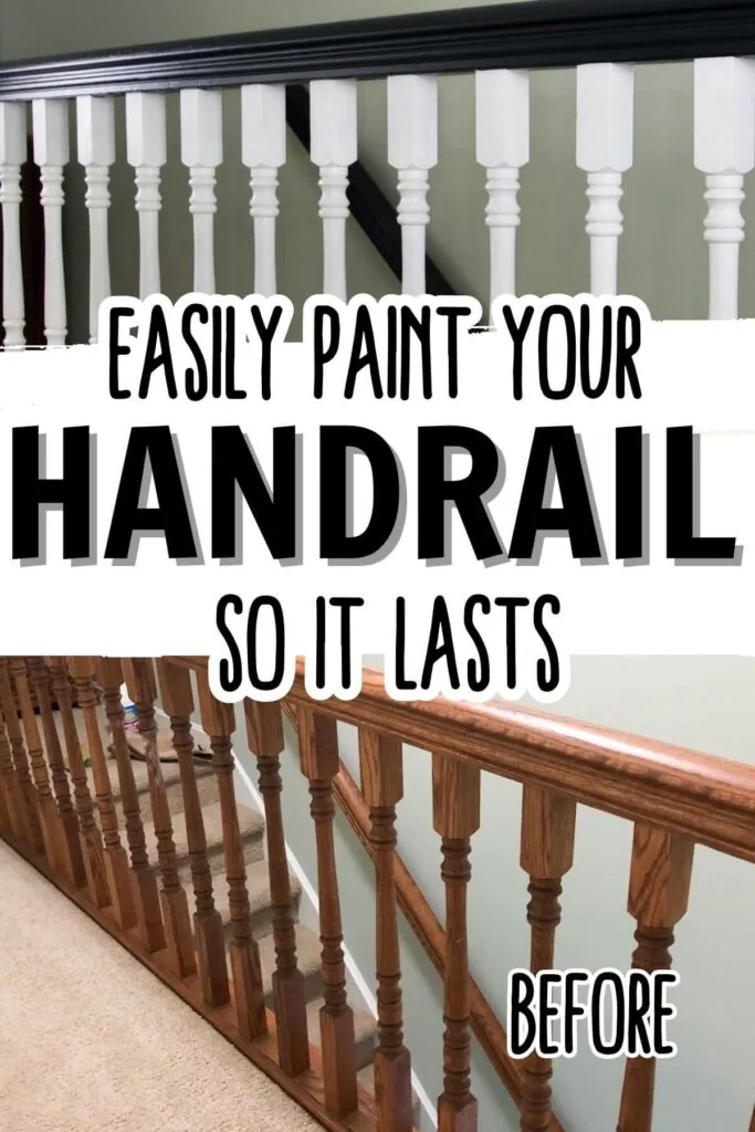 black and white stair railing with oak stair railing with text overlay easily paint your handrail so it lasts.