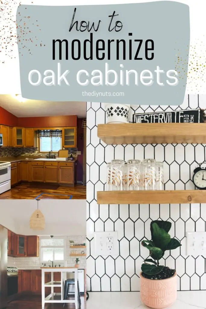 pictures of update kitchen oak cabinet and up close image of backsplash.