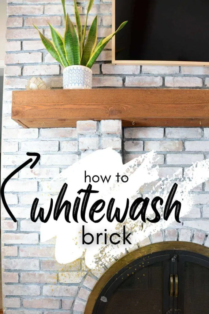 how to whitewash brick text with arrow pointing whitewashed brick fireplace and mantel.