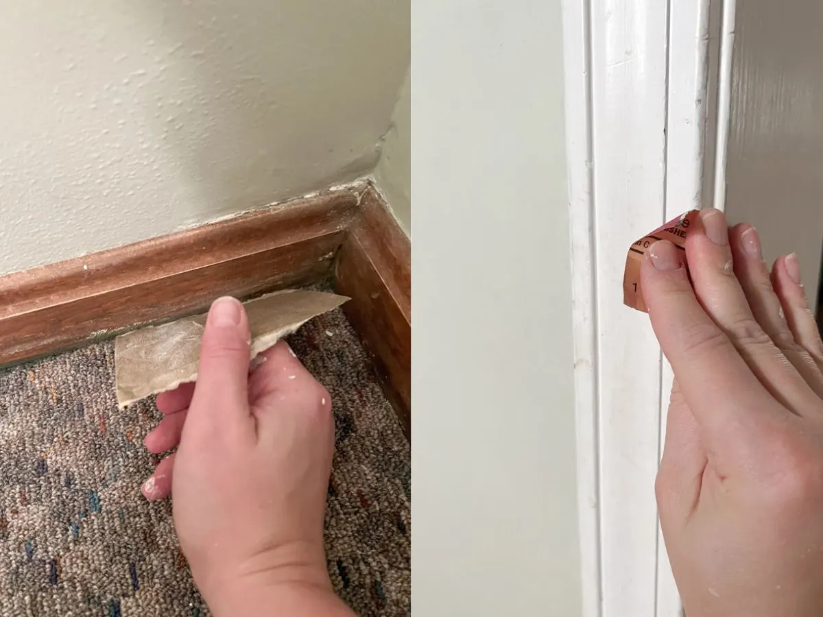 two images of sandpaper being using on oak trim and painted white trim.