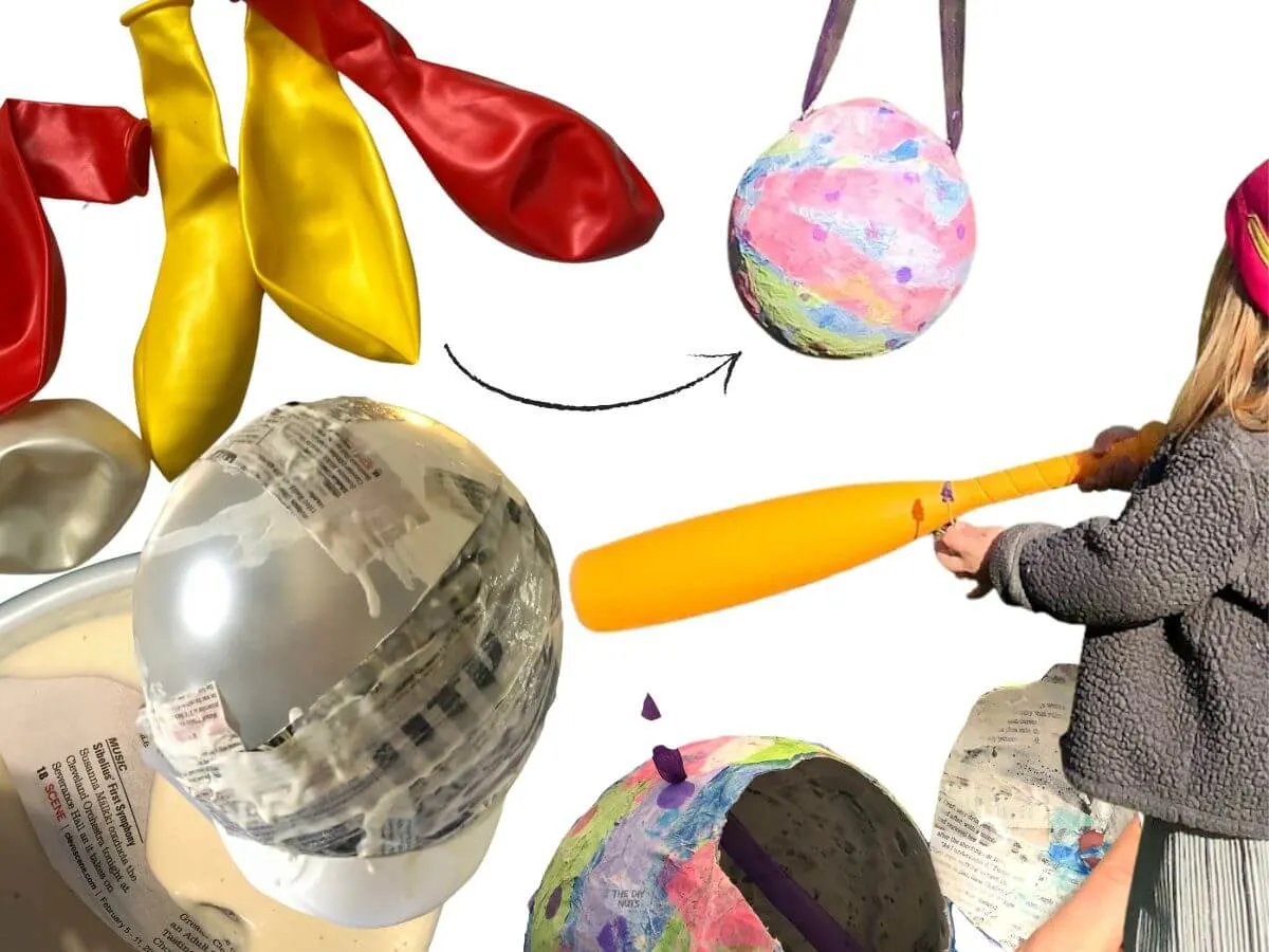 collage of images including balloons, paper mache paste with girl hitting homemade pinata with a yellow bat.