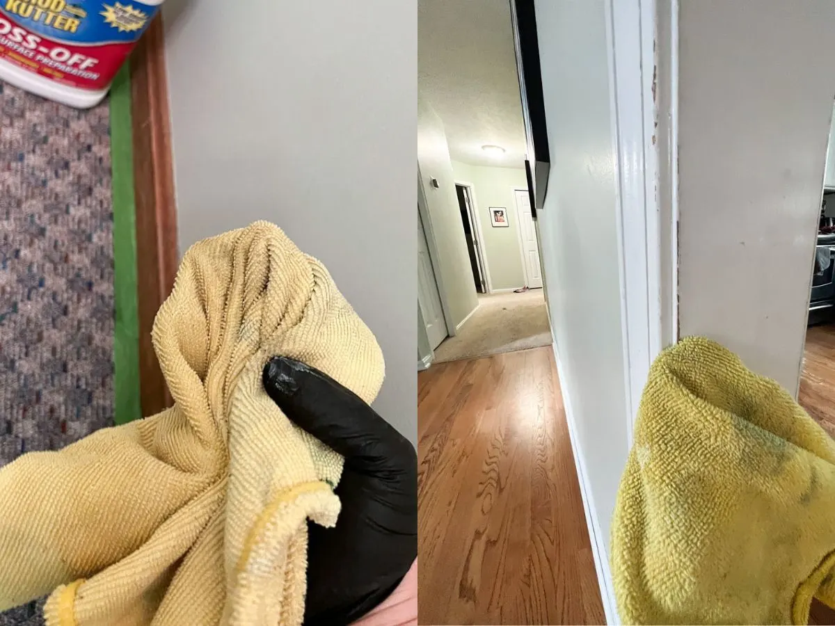 two images of different moldings with yellow rag wiping down trim.