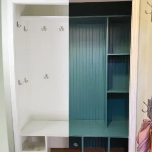 white painted wood cubby before and after with green painted cubby.